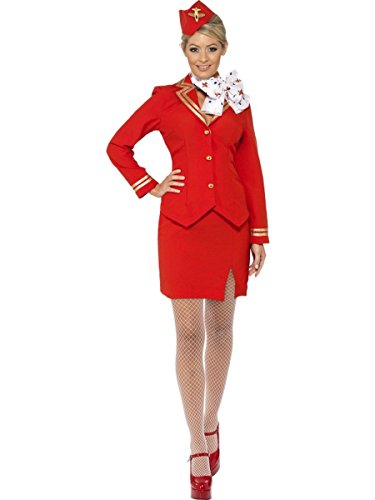 Woman in a red trolley dolly/air hostess costume with hat.