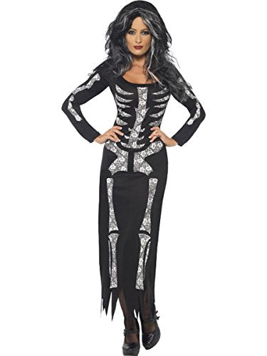 Woman modeling a long-sleeved black skeleton costume dress.