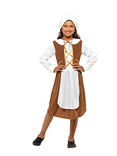 Girl wearing a brown and white Tudor-style costume with a head covering.