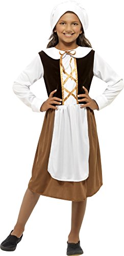 A young girl wearing a white and brown Tudor-style costume dress and head covering.