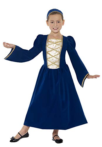 A girl wearing a blue Tudor-style dress with a cream bodice and matching headpiece.