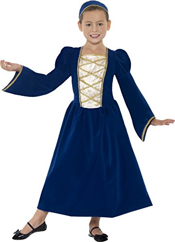 Young girl wearing a blue and white Tudor-style princess costume with gold trim.