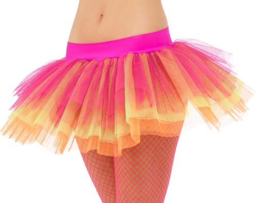 A model's legs wearing a multi-coloured tutu, pink tights, and high-heeled shoes.