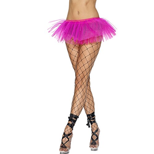 The image depicts a woman wearing a hot pink tutu underskirt. Alt text: Woman wearing hot pink tutu underskirt with white leotard and high heels.