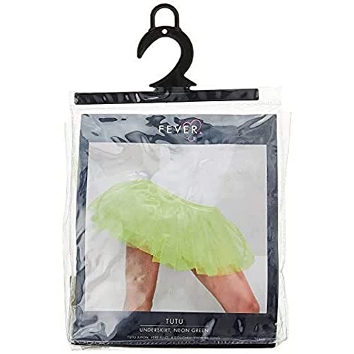 Neon green tutu underskirt on a hanger in plastic packaging.