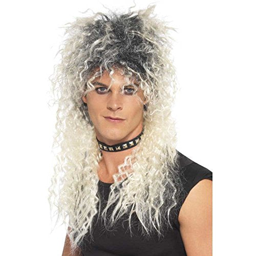 Long, curly two-tone blonde and grey wig worn by a man.