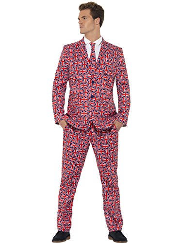 Man wearing a full suit patterned with Union Jack flags.