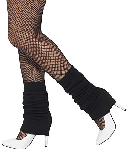 Black legwarmers worn with fishnet stockings and white high heels.