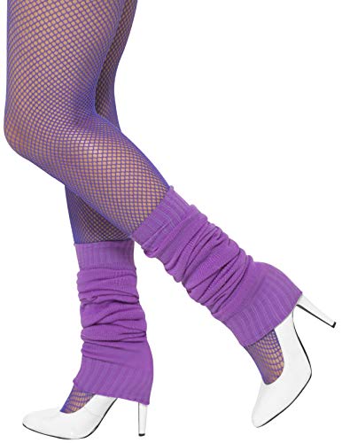 Purple legwarmers and fishnet stockings worn with white high heels.