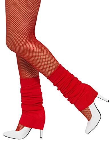 Red legwarmers worn over fishnet stockings with white pointed heels.