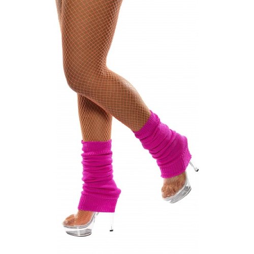 Neon pink leg warmers on a mannequin leg, ruched texture, against a white background.