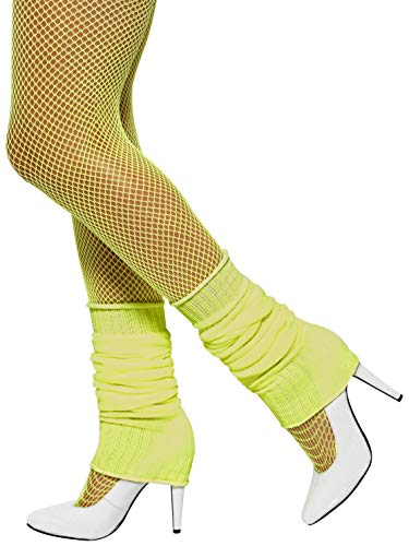 Neon yellow leg warmers worn over yellow fishnet tights and white high heels.