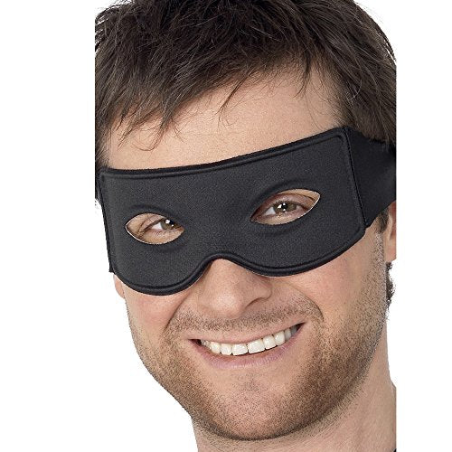 Black bandit eye mask worn by a smiling man.