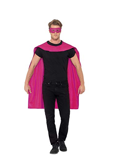 Man wearing a pink superhero cape and matching eye mask.