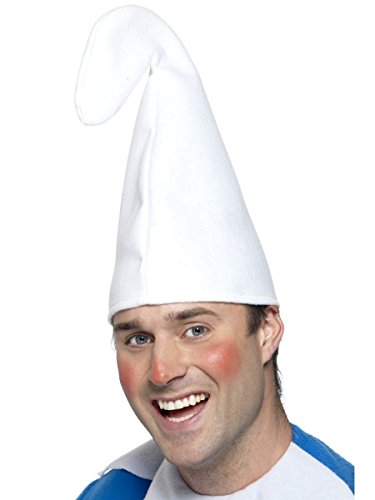 White, pointed gnome hat worn by a smiling man.
