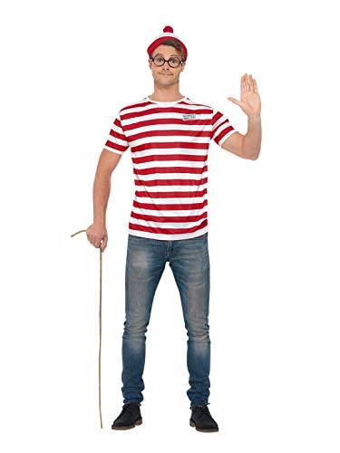 Person wearing a red and white striped shirt, hat, and glasses.