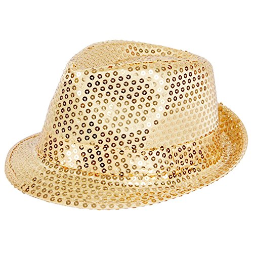 The image depicts a woman wearing a gold sequin trilby hat and matching bow tie. Here is a concise alt text: "Woman wearing a gold sequin trilby hat and matching bow tie."