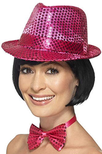 Pink sequin trilby hat on a mannequin with a matching bow tie.