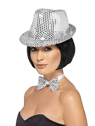 Silver sequined trilby hat on a mannequin head with a bow tie.