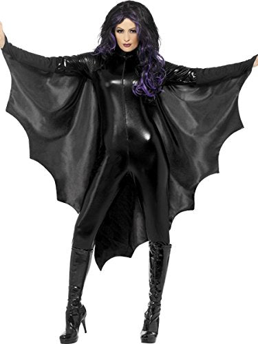 Woman wearing black vampire bat costume with wings and high collar.