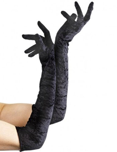 Pair of long, black velveteen gloves displayed with hands raised.