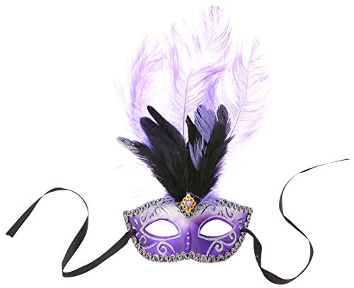 Purple and black feathered Venetian mask with ribbon ties.