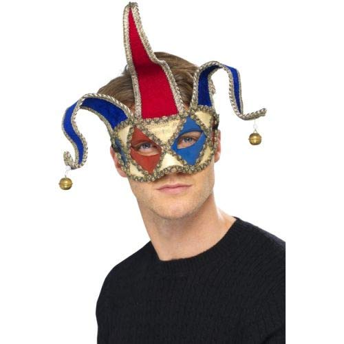 A man wearing a red, blue, and gold jester mask with three jingling bells.