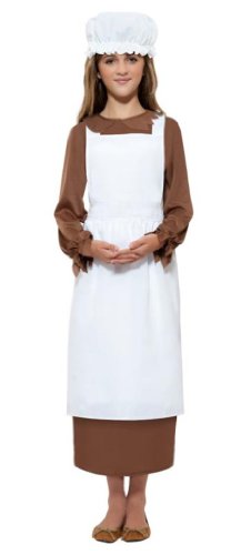 Young girl wearing a white bonnet, apron, and brown Victorian costume.