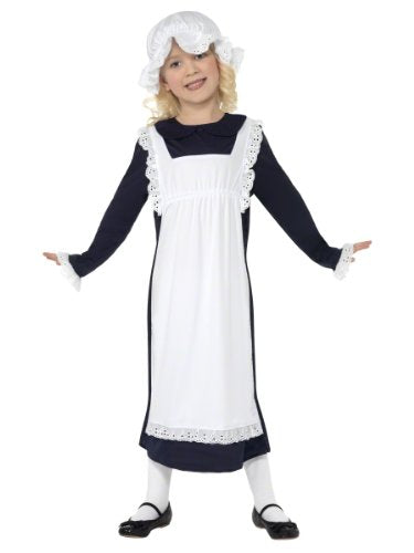 Young girl wearing a white and navy Victorian-style maid costume.