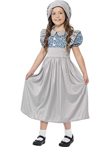 Young girl wearing a grey Victorian schoolgirl costume with bonnet.