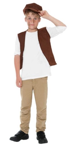 A young boy wears a Victorian urchin costume, including a brown vest and hat.