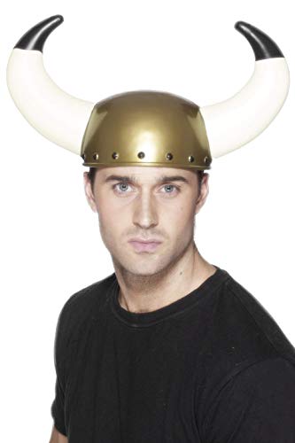 A man wearing a gold Viking helmet with large white and black horns.