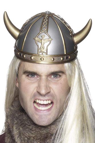 A man with long blonde hair wearing a grey and gold horned Viking helmet.