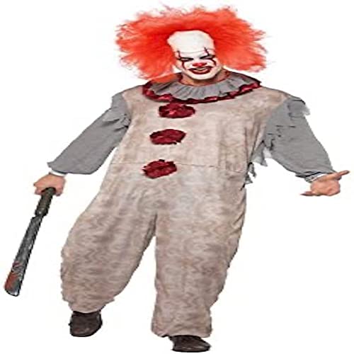 Person wearing a vintage clown costume with red hair, white makeup, and a prop weapon.