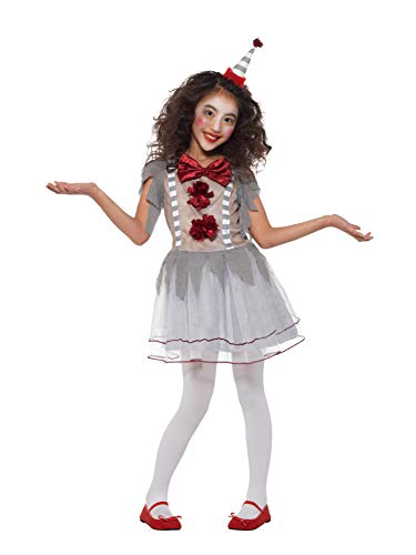 Girl wearing a vintage clown costume with a small hat, bow, and red shoes.