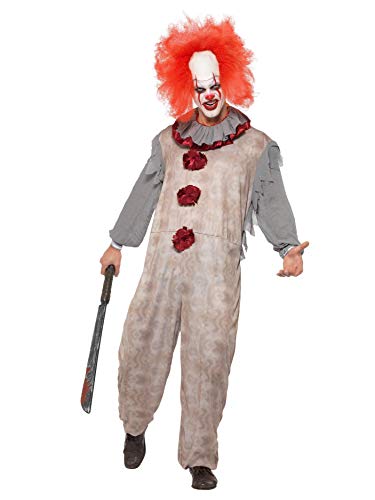 Man dressed as a creepy clown with red hair and a baseball bat.