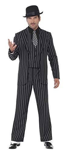 Man in a pinstripe suit and fedora, gangster costume.