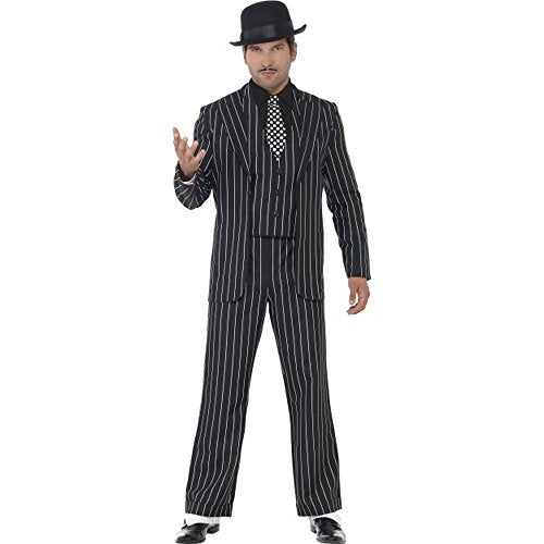 Man wearing a black pinstripe suit, waistcoat, black shirt, polka dot tie, and hat.