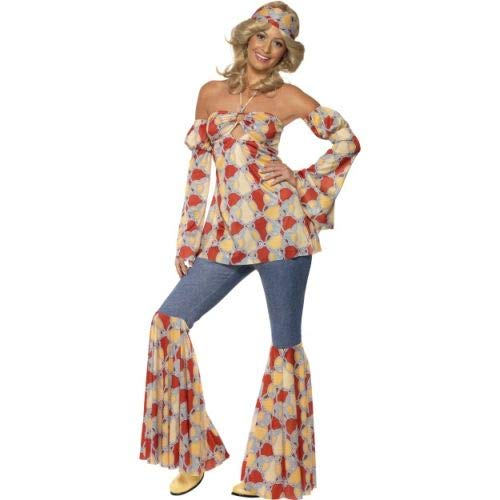 Woman in a 1970s-style patterned off-the-shoulder top and flared trousers.