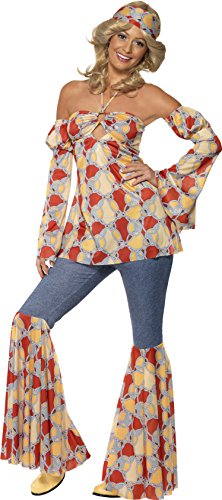 A woman wearing a 1970s hippie costume with floral pattern and flared pants.