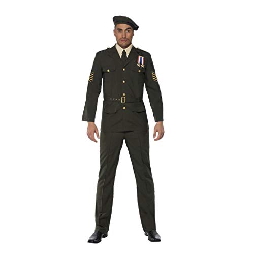 Man in a dark green wartime officer costume with a beret.