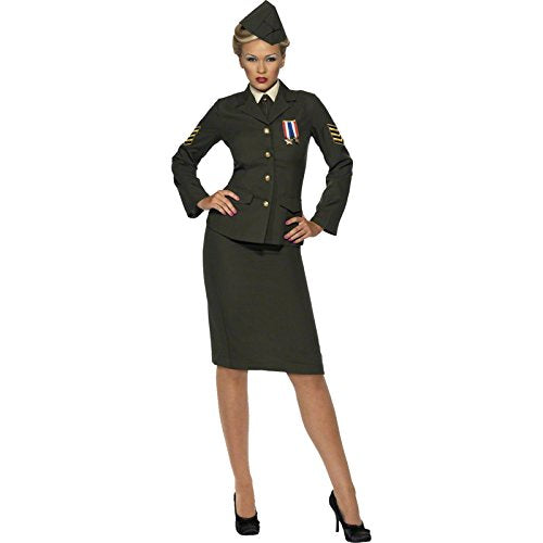Woman in a dark green, wartime-era military officer costume.