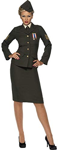 Woman modeling a green wartime officer costume with gold braid.