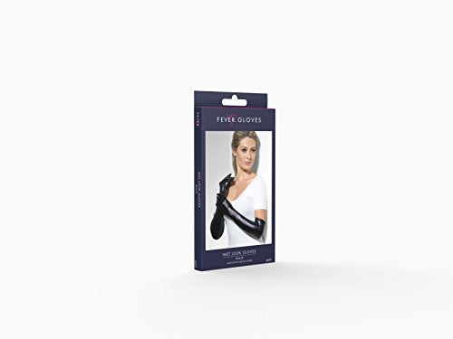 A woman wears black, shiny, long gloves on a white background.