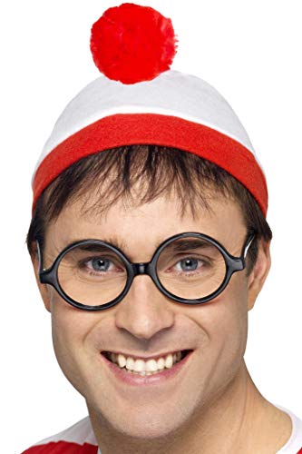 Man wearing a red and white striped hat and round glasses.