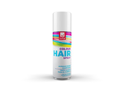 White aerosol can of Smiffys hair colour spray with colourful logo.