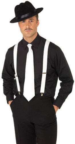 Man wearing white suspenders with a black shirt and hat.