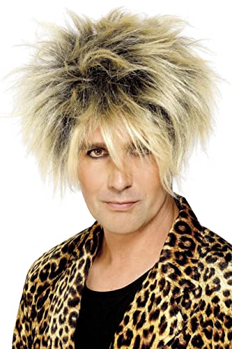 Spiky, blonde and brown wig worn by a person with a leopard print shirt.