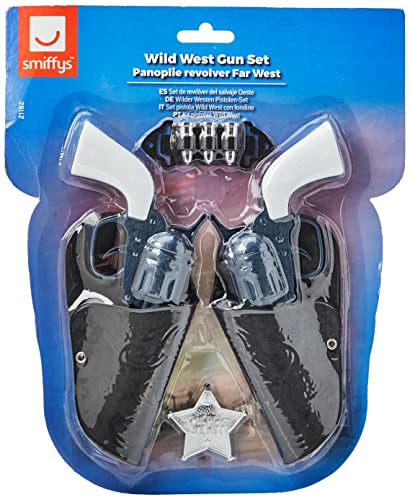 Plastic toy gun set with two revolvers and a sheriff’s badge.