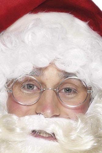Close-up of a person wearing silver wire-framed Santa spectacles and a beard.